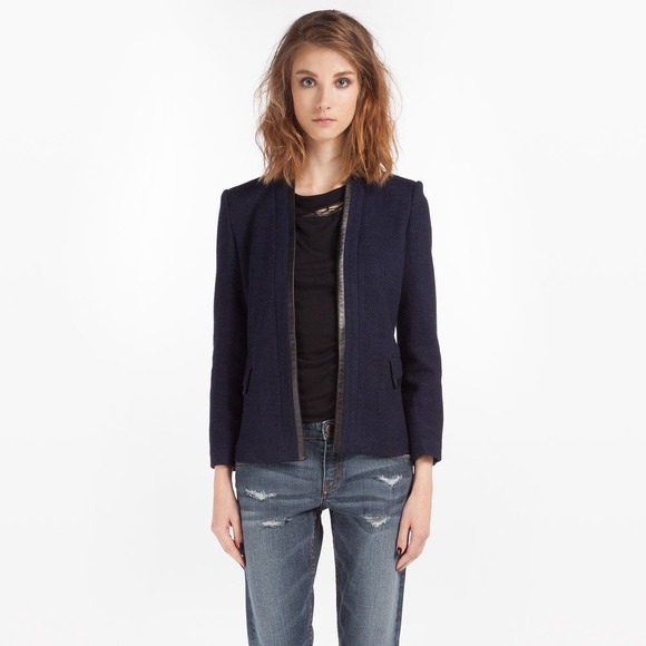 Maje Jackets & Blazers - Maje Douzaine Blue Wool and Black Leather Collarless Blazer Jacket Size 38